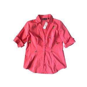 NEW YORK & COMPANY Coral Rhinestone Beaded Button Down Shirt Sz XS NEW